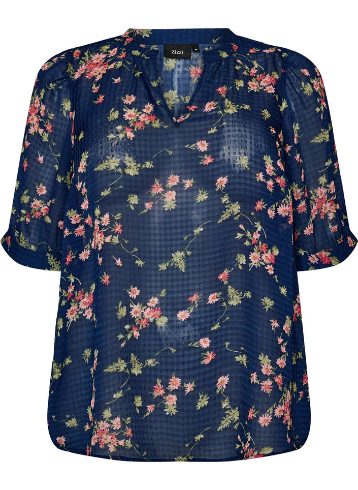Gebl&uuml;mte Bluse mit V-Ausschnitt, Blau, Packshot image number 0