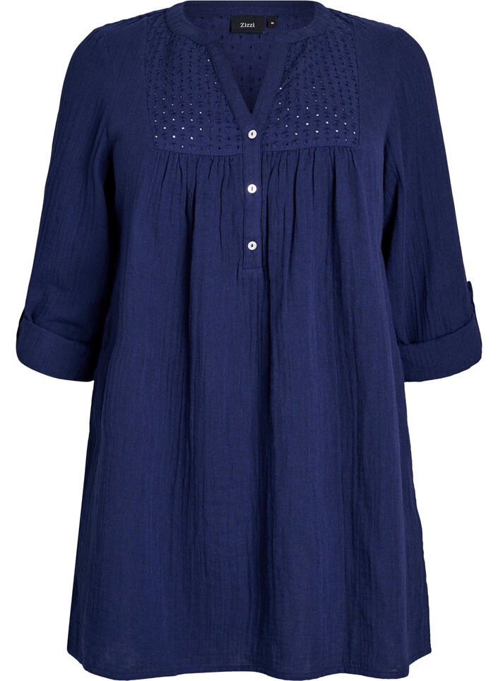 Tunika aus Baumwollmusselin mit Broderie Anglaise, Blau, Packshot image number 0