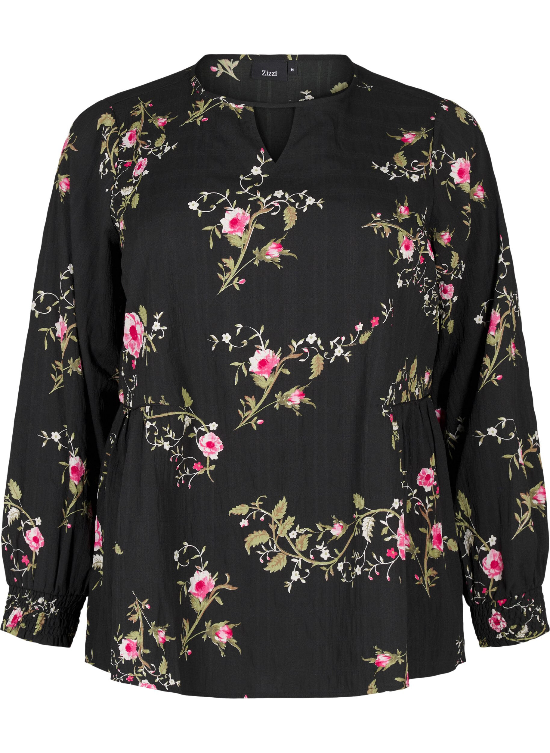 ZizziLang&auml;rmelige Bluse mit gebl&uuml;mtem Muster, Schwarz, Packshot image number 0