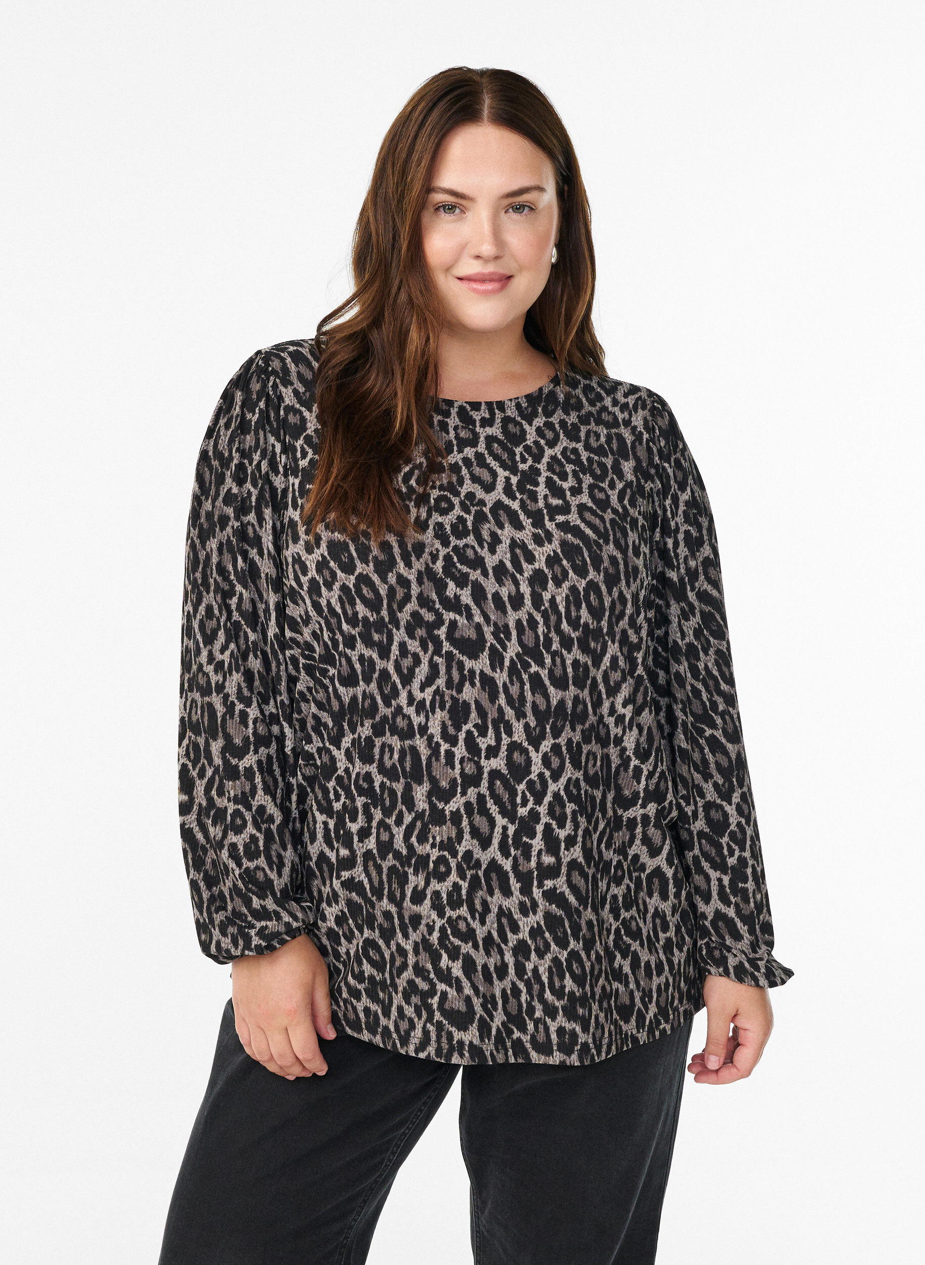 Bluse mit langen &Auml;rmeln und Leopardenmuster, Grau, Model