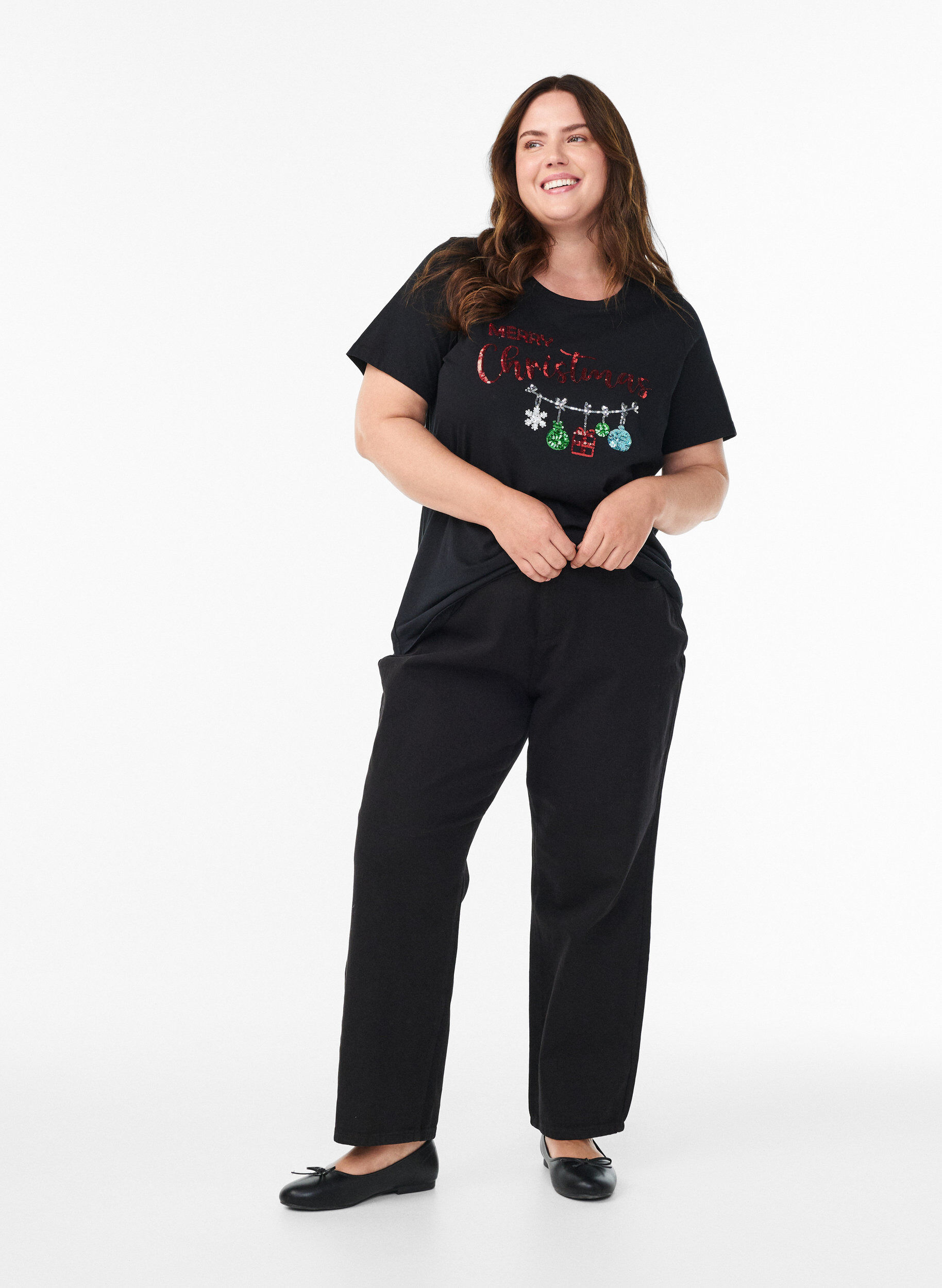 ZizziWeihnachts-T-Shirt aus Bio-Baumwolle, Schwarz, Model image number 1