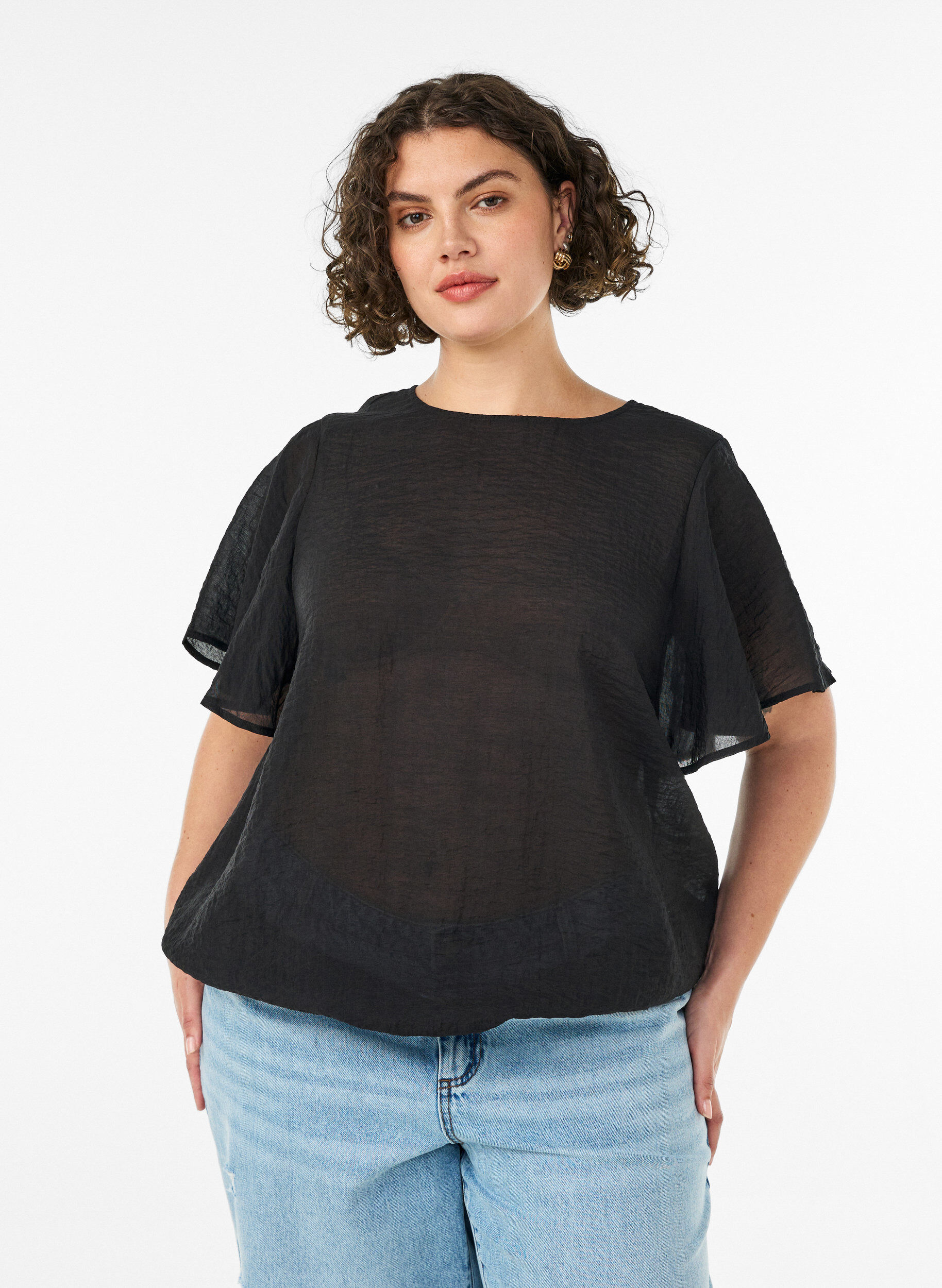 Bluse mit Ballonform und Fl&uuml;gel&auml;rmeln, Schwarz, Model