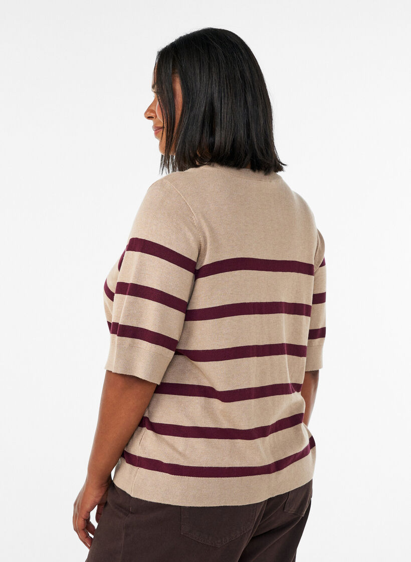 Gestreiftes Stricktop mit kurzen &Auml;rmeln, Beige, Model image number 2
