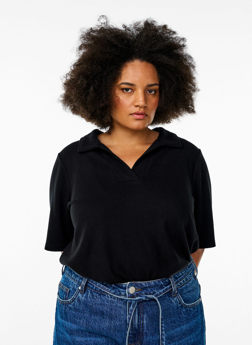 Jersey Bluse mit Kragen und kurzen Ärmeln, Schwarz, Model image number 0