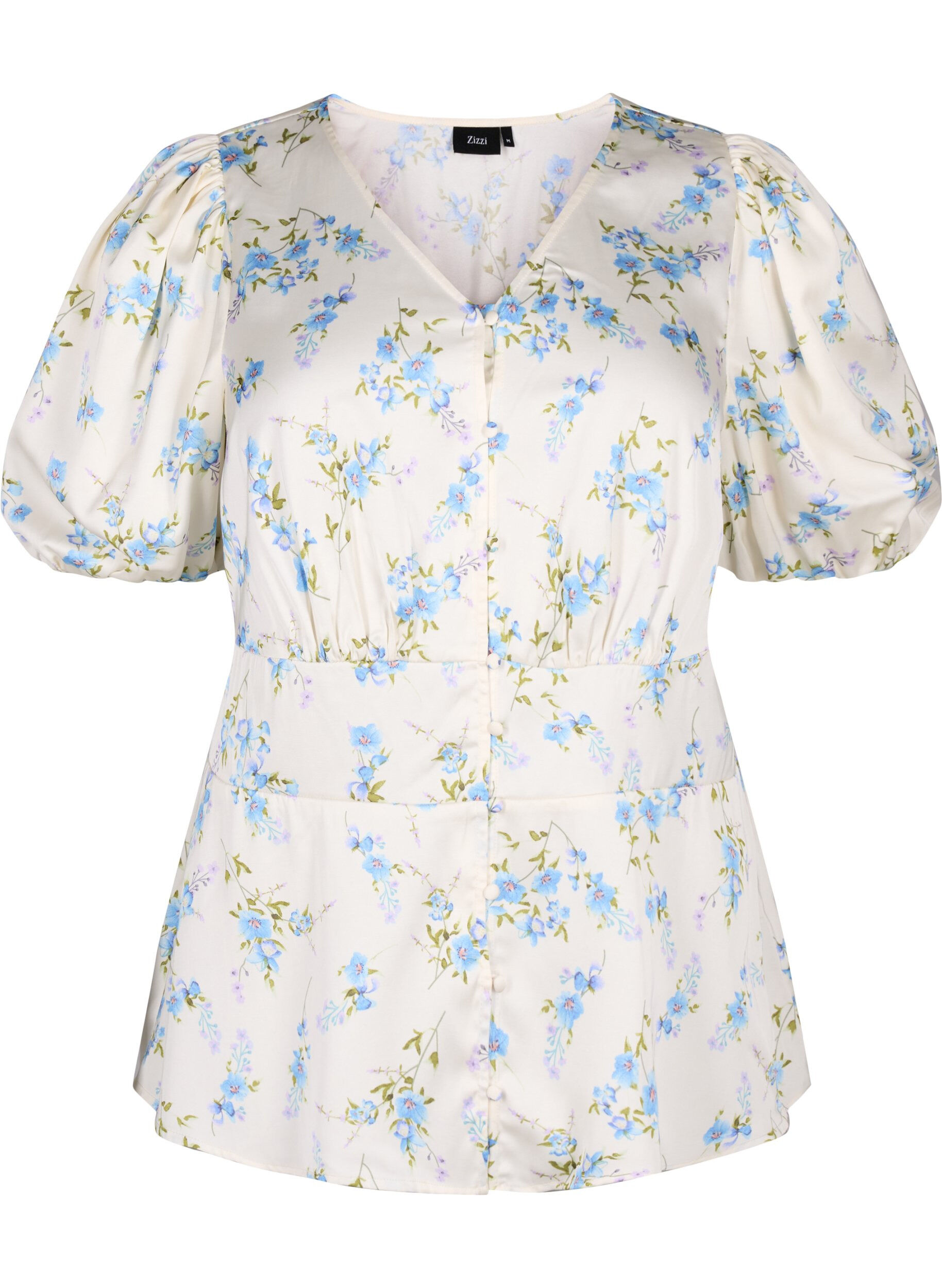 ZizziGebl&uuml;mte Satin-Bluse mit Puff&auml;rmeln, Off White Blue Fl., Packshot image number 0