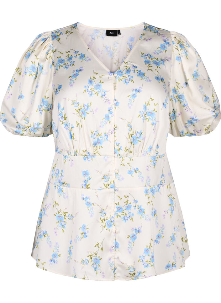 Gebl&uuml;mte Satin-Bluse mit Puff&auml;rmeln, Off White Blue Fl., Packshot image number 0