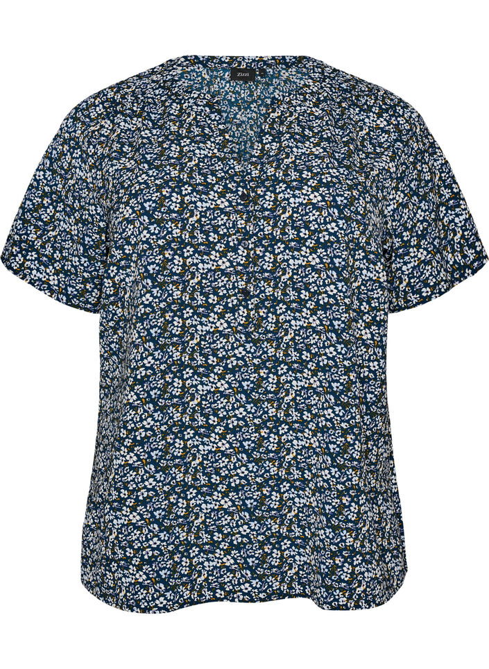 Bluse mit kurzen &Auml;rmeln und V-Ausschnitt, Blau, Packshot image number 0