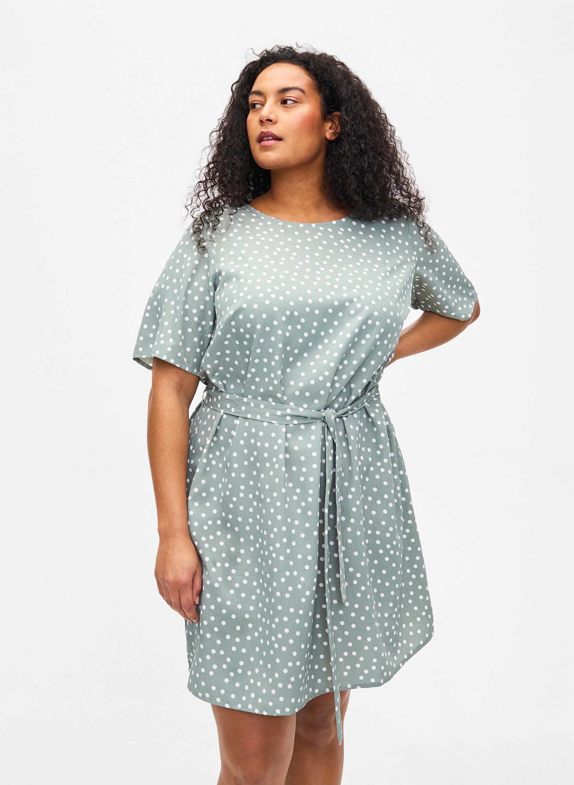 ZizziFLASH &ndash; Kurz&auml;rmeliges Kleid mit G&uuml;rtel, Iceberg Green Dot, Model image number 0
