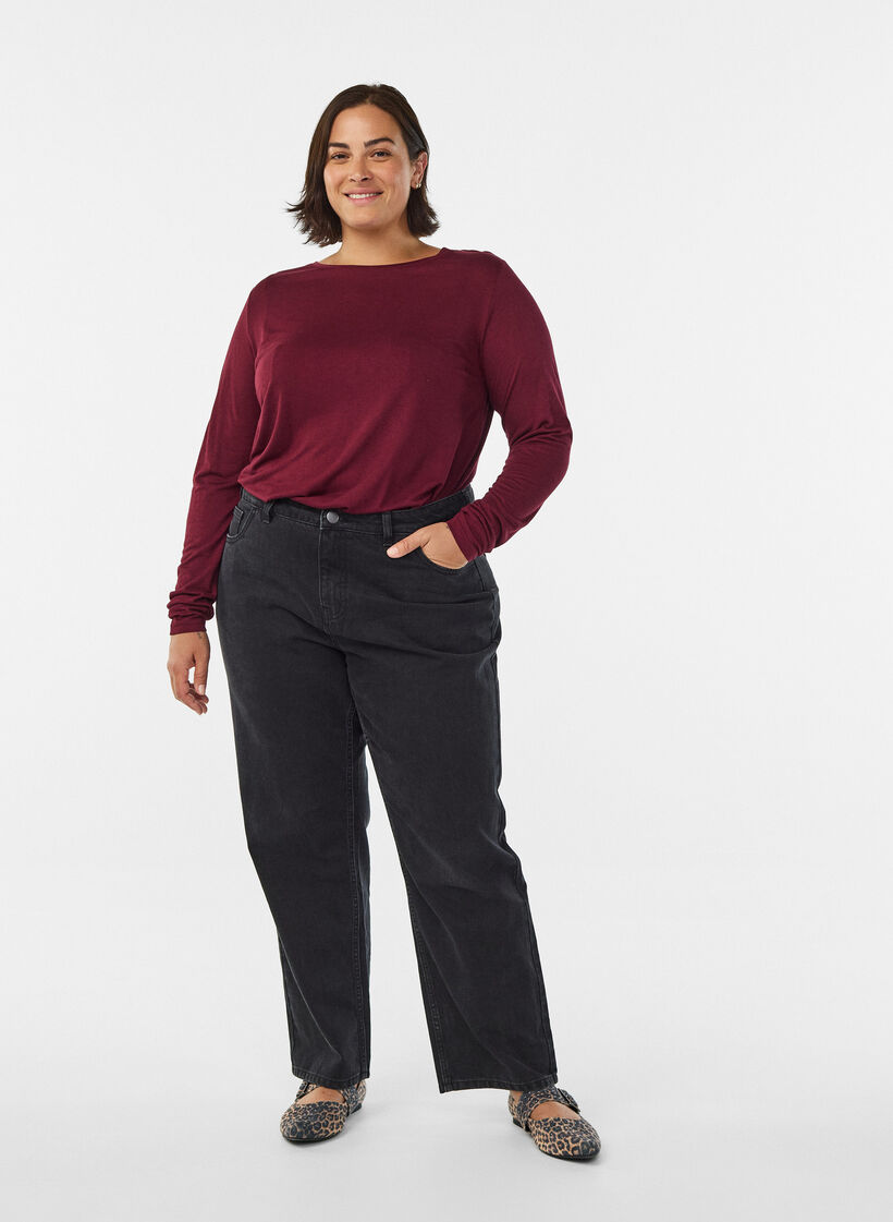 Lang&auml;rmelige Bluse aus Wolle und Viskose, Dunkles Bordeaux, Model image number 1