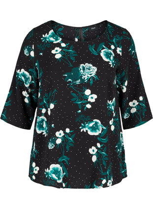 Bluse mit Print, 3/4-Ärmeln und Spitze am Rücken, Black/Flower Dot, Packshot image number 0