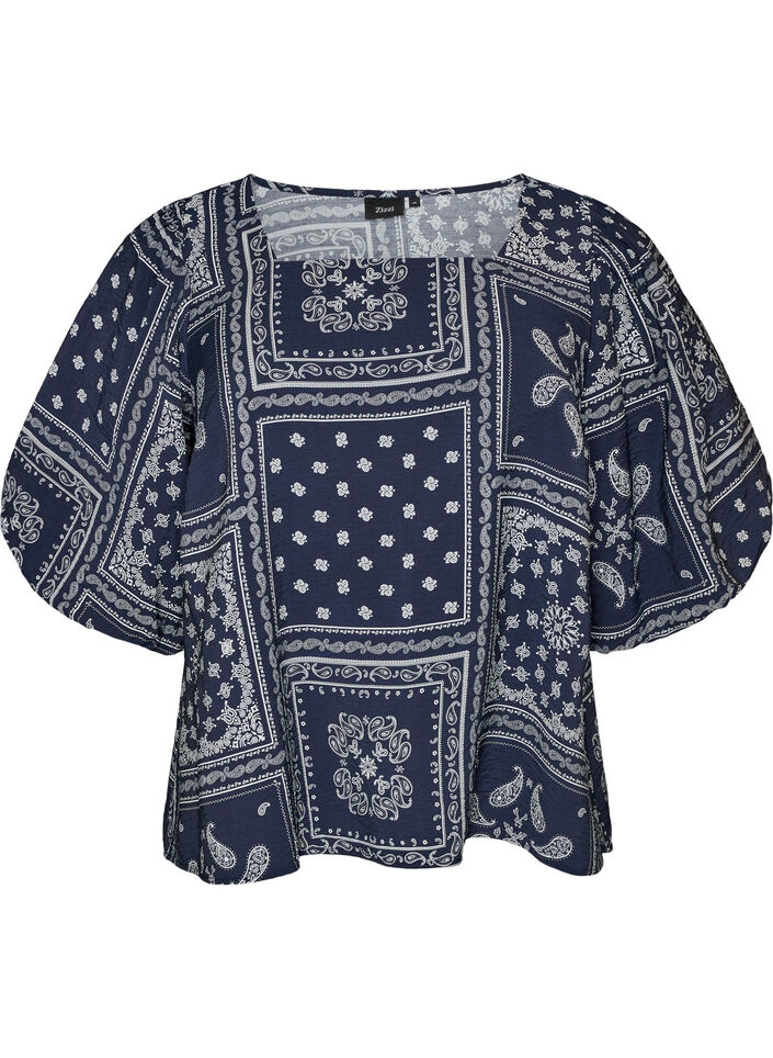 Bluse aus Viskose mit Paisleymuster und Ballon&auml;rmeln, Blau, Packshot image number 0
