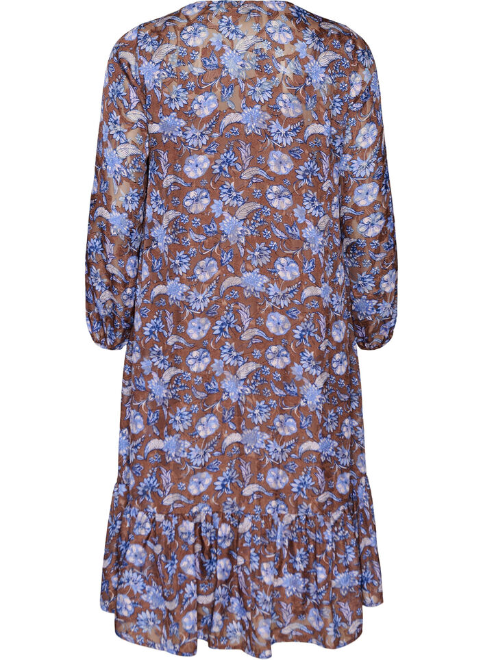 Gebl&uuml;mtes Midikleid mit R&uuml;schensaum, Braun, Packshot image number 1