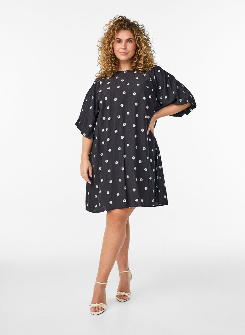 Kurzes Kleid aus Viskose mit Ballon&auml;rmeln, Schwarz, Model