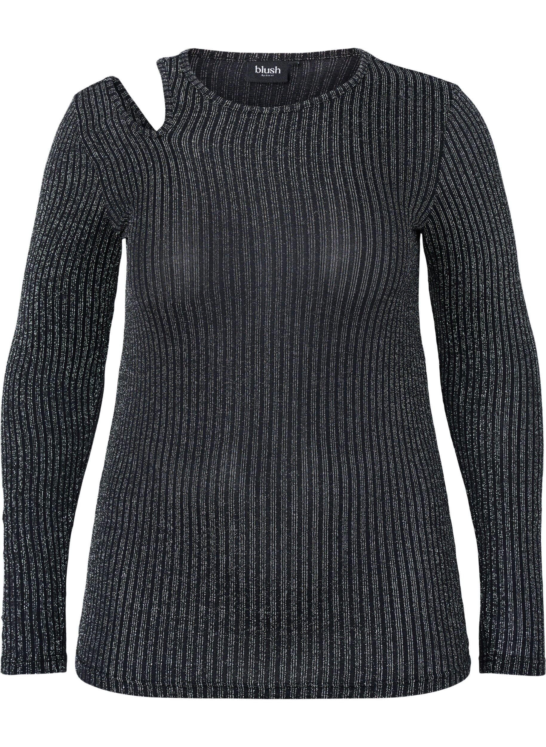 ZizziLang&auml;rmelige Bluse mit Glitzerausschnitt, B. w. Silver Stripes, Packshot image number 0