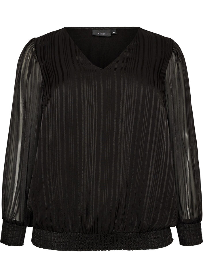 Gestreifte Bluse in Ballonform, Schwarz, Packshot image number 0