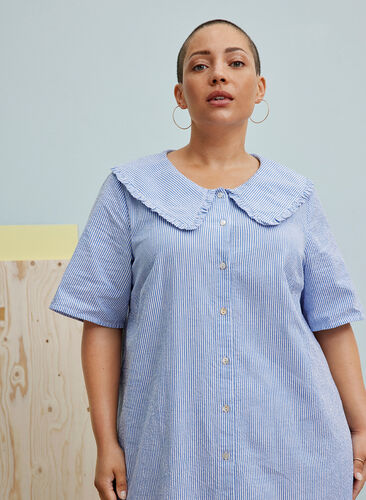 Kurzarm Kleid aus Baumwolle mit Streifen, Blue Stripe, Image image number 1