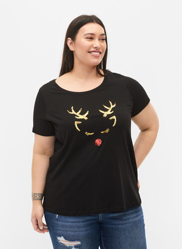 Weihnachts-T-Shirt aus Baumwolle, Black Reindeer, Model image number 0