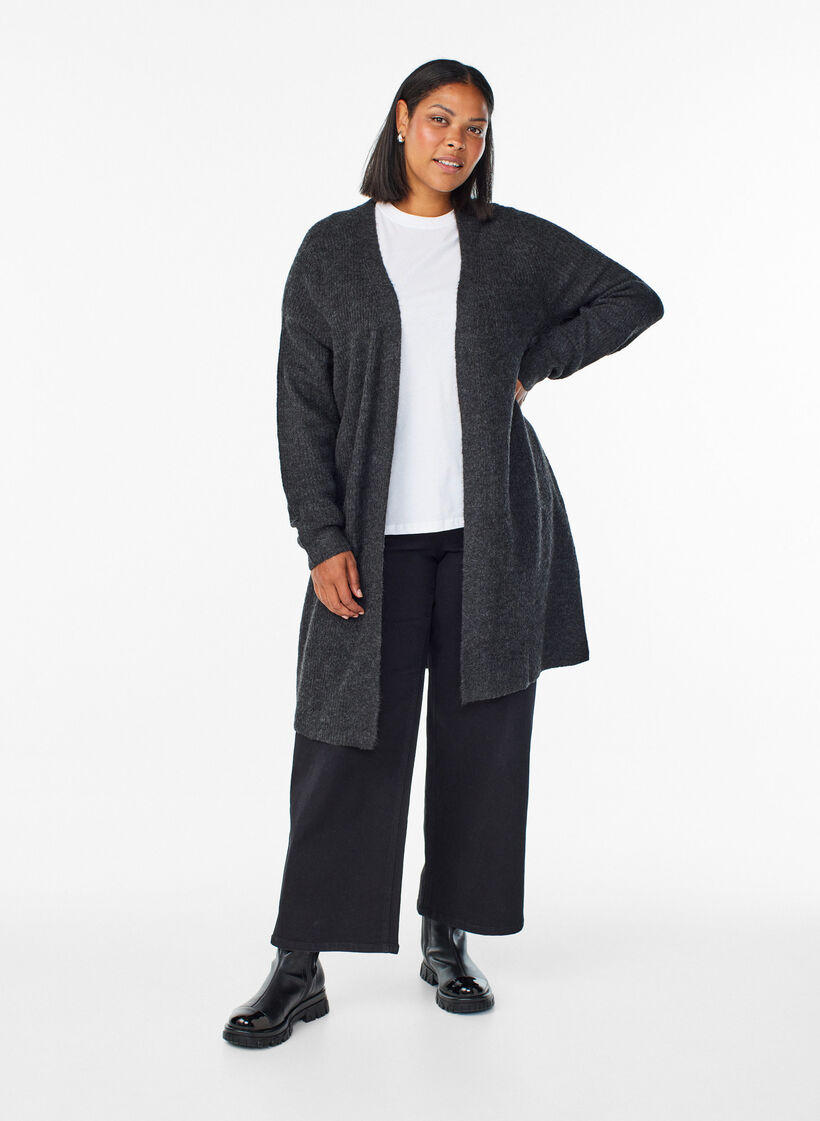 Langer Rippstrick-Cardigan mit offener Front, Grau, Model image number 1