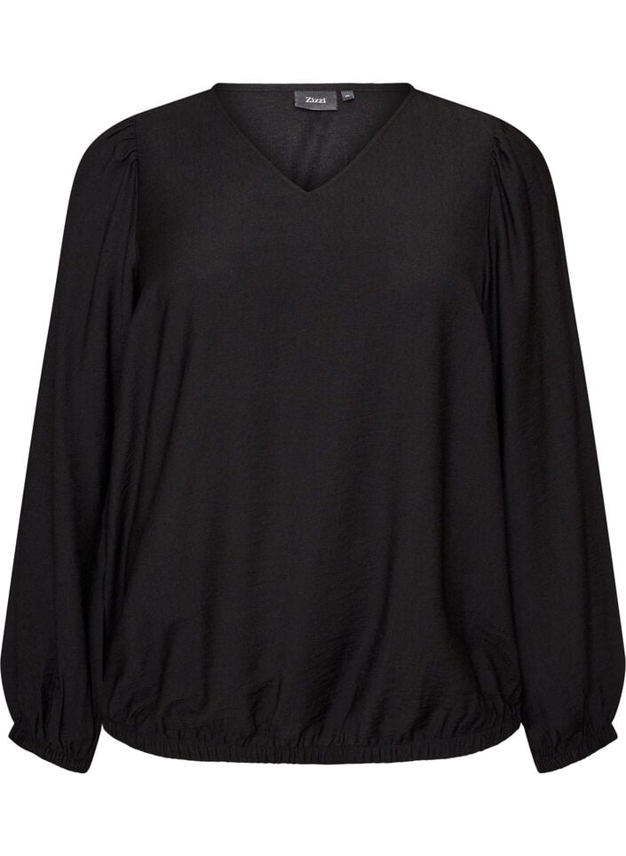 Viskosebluse mit V-Ausschnitt und Ballonform, Schwarz, Packshot image number 0