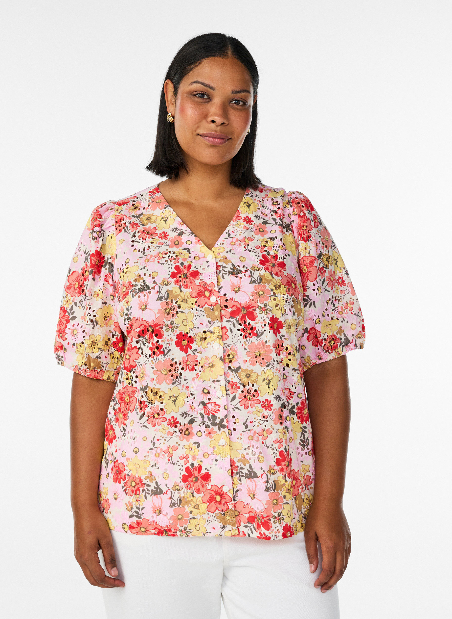 ZizziGebl&uuml;mte Bluse mit Lochstickerei und V-Ausschnitt, Rot, Model image number 0