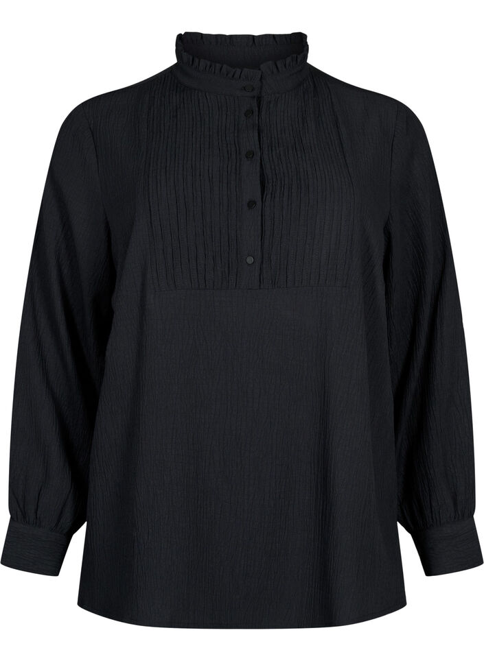 Langärmlige Bluse mit Rüschenkragen, Black, Packshot image number 0