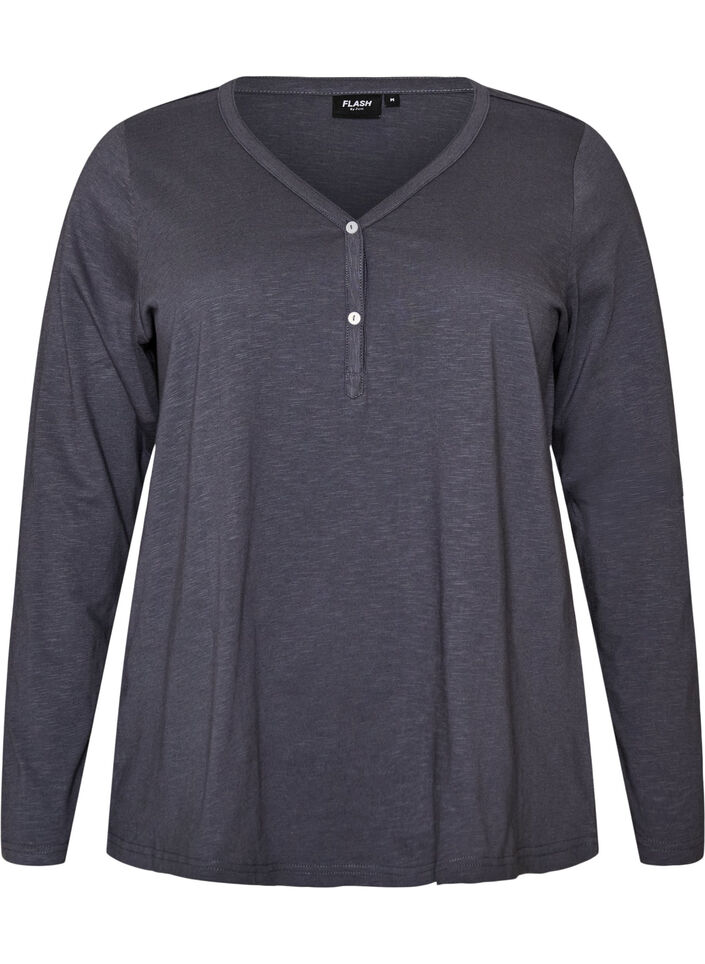 Langarmshirt mit V-Ausschnitt und Kn&ouml;pfen, Grau, Packshot image number 0