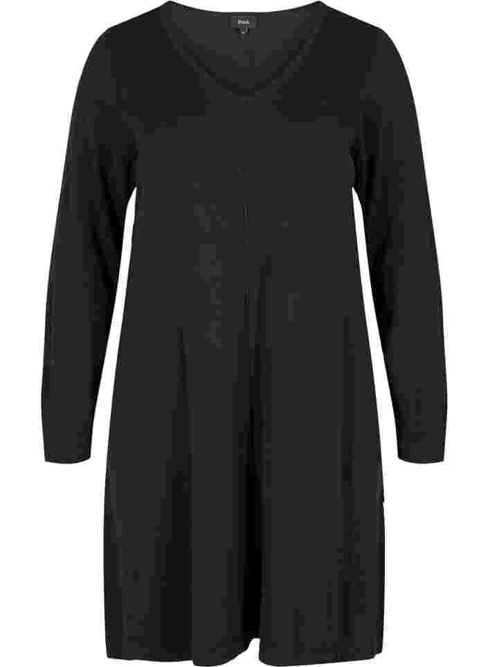 Strickkleid mit V-Ausschnitt aus Baumwollmischung, Black, Packshot image number 0