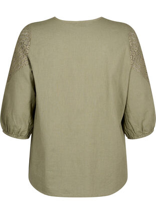 Bluse aus Baumwollmischung mit Leinen und Häkeldetails, Deep Lichen Green, Packshot image number 1