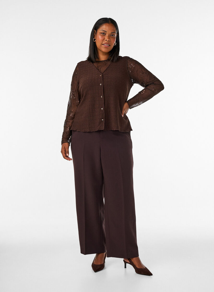 Bluse aus Mesh mit Blumen und Pailletten, Braun, Model image number 1