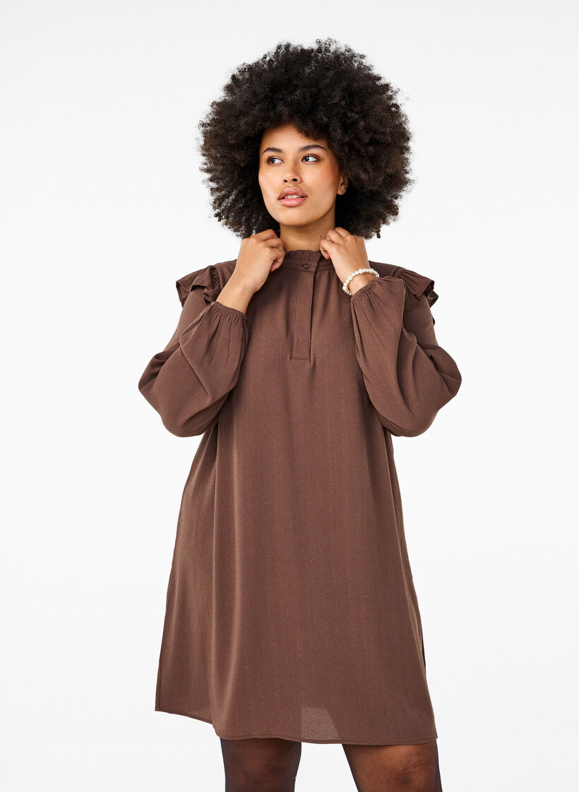 Kurzes Kleid mit Rüschen und Glitzer, Braun, Model image number 0