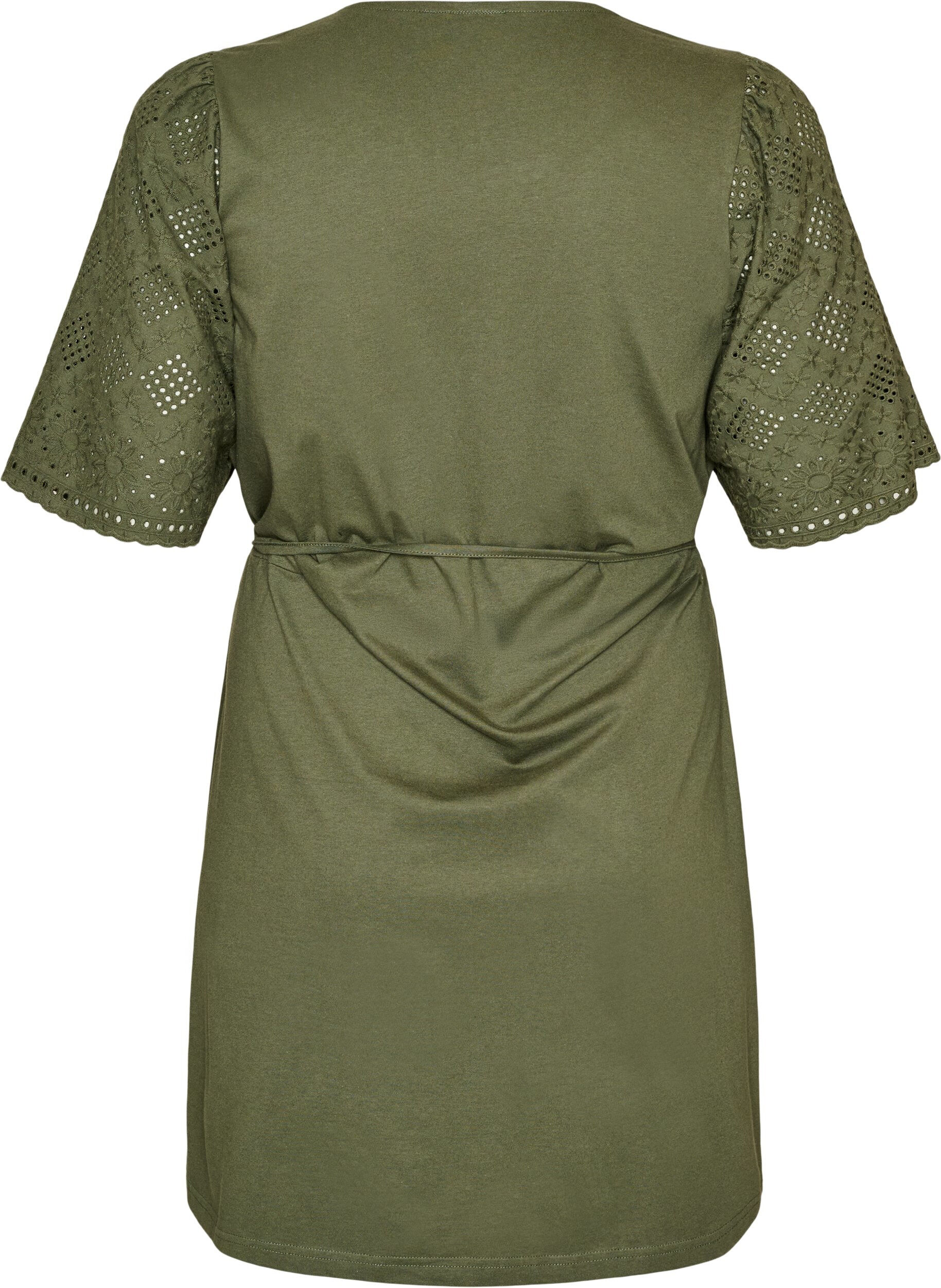 ZizziBaumwollkleid mit Broderie-Anglaise-&Auml;rmeln und Bindeg&uuml;rtel, Gr&uuml;n, Packshot image number 1