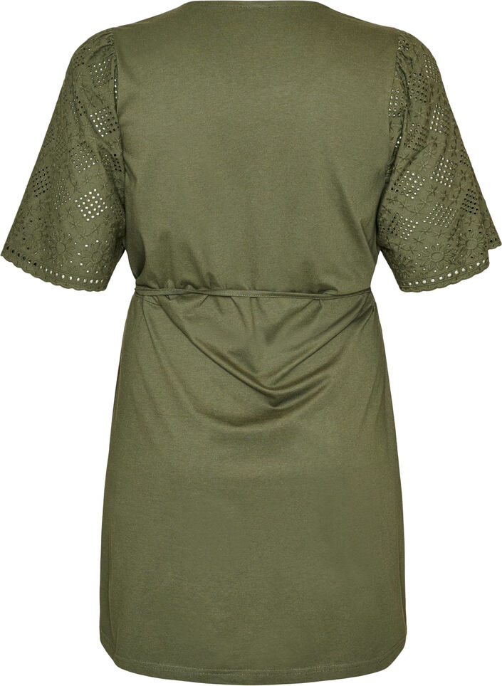 Baumwollkleid mit Broderie-Anglaise-&Auml;rmeln und Bindeg&uuml;rtel, Gr&uuml;n, Packshot image number 1