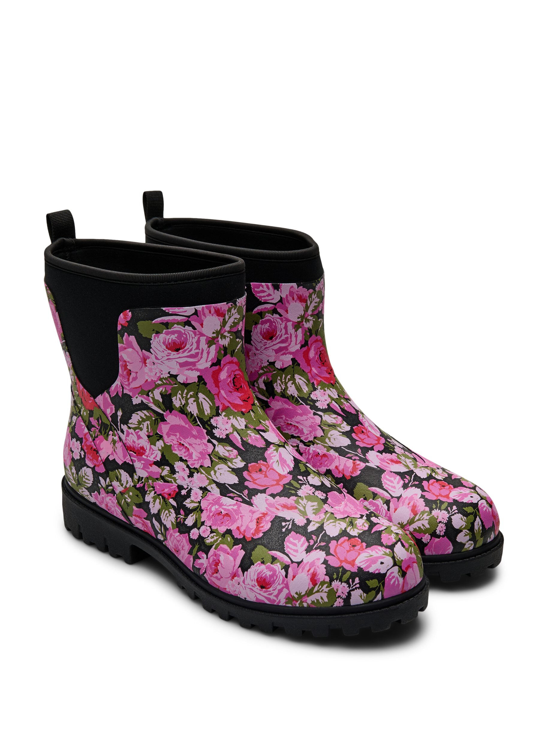 ZizziKurze Stiefel mit weitem Schaft aus elastischem Neopren, Flower AOP, Packshot image number 1