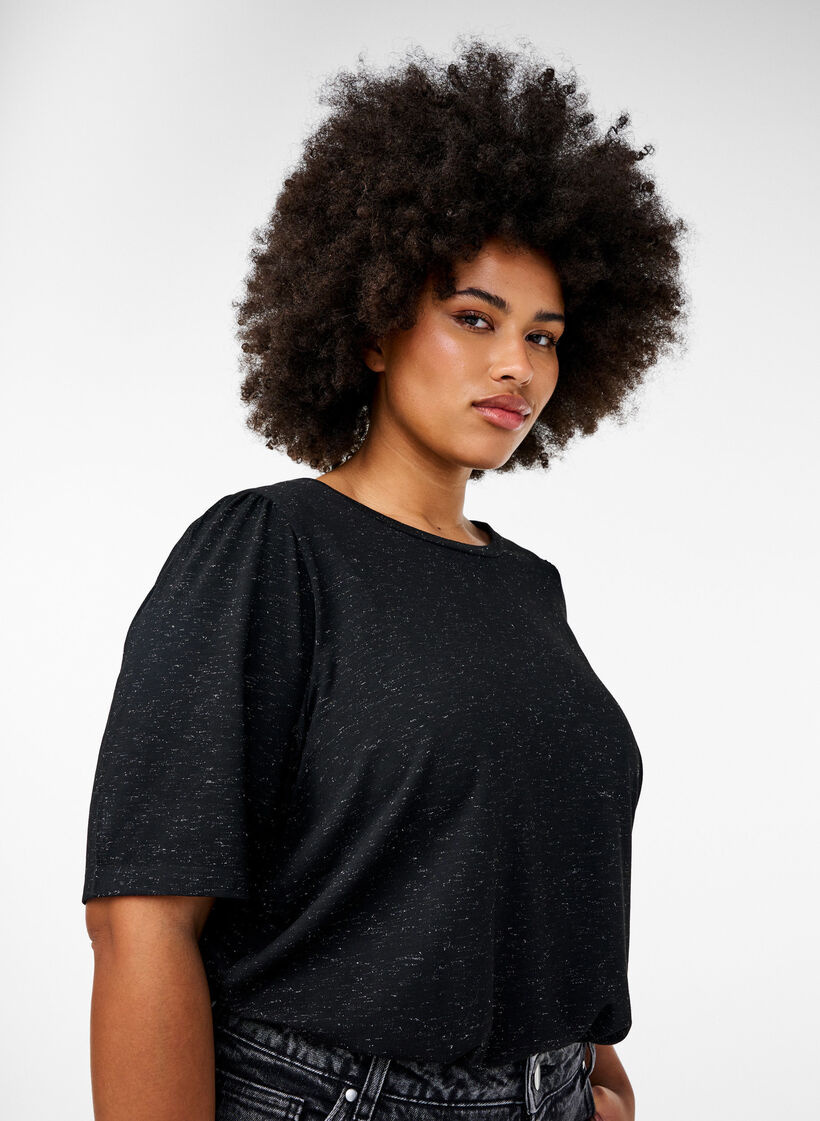 T-Shirt mit Glitzer und kurzen Puffärmeln, Schwarz, Model image number 3