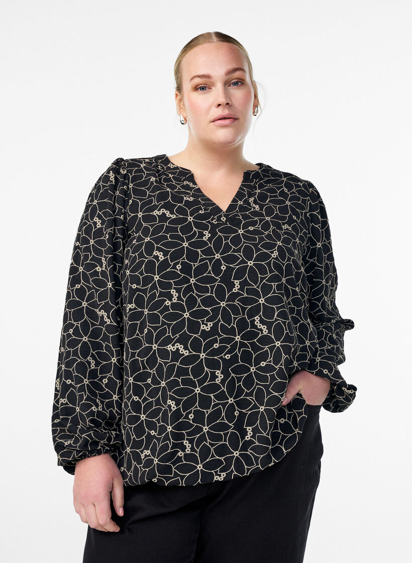 Langärmelige Bluse mit Blumenstickerei, Schwarz, Model image number 0