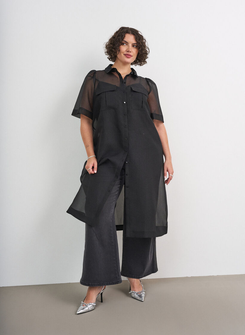 Kleid aus Organza mit Brusttaschen und Puff&auml;rmeln, Schwarz, Model image number 0