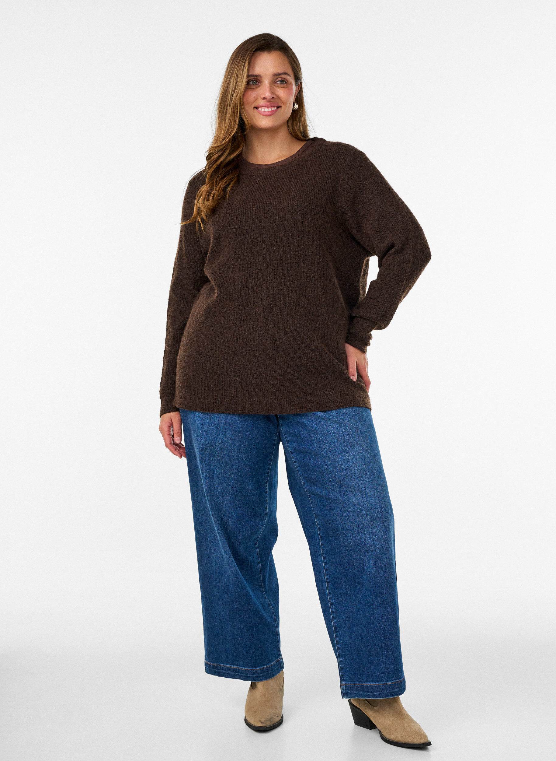 ZizziMelierte Strickbluse mit Rundhalsausschnitt, Braun, Model image number 1