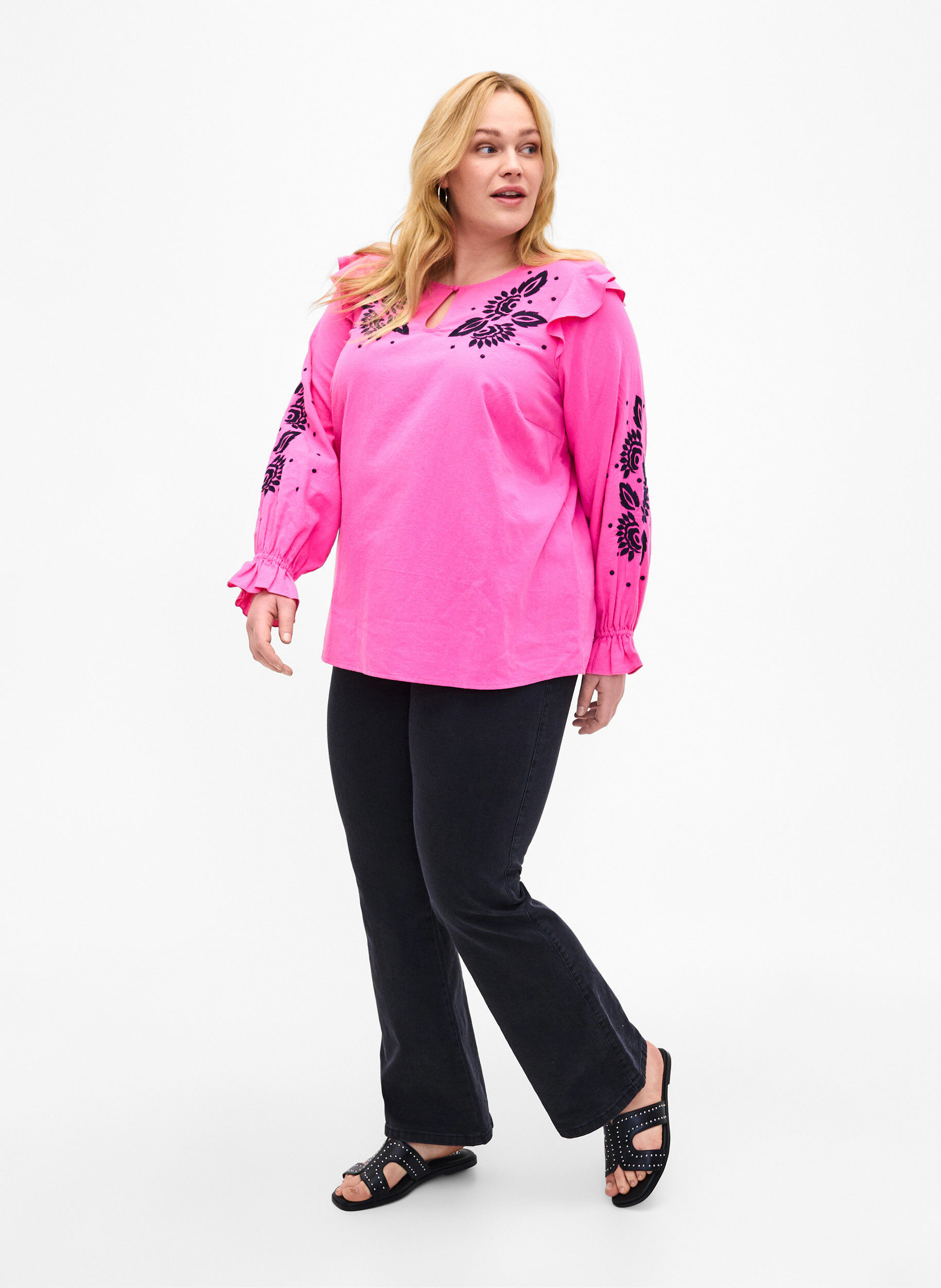 ZizziBaumwollbluse mit Stickerei und R&uuml;schen, Pink, Model image number 1