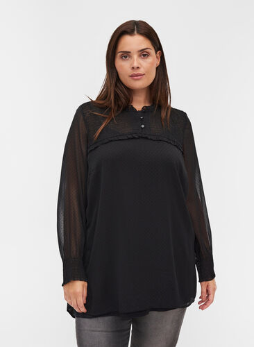  Hochgeschlossene Bluse mit Smock- und Rüschendetails, Black, Model image number 0