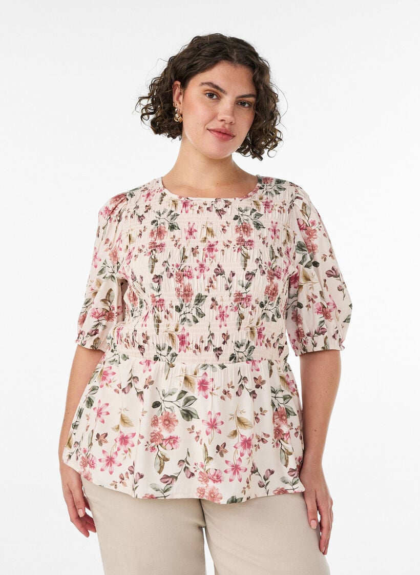 Bluse aus Viskose mit Smock und Peplum-Effekt, Vanille, Model image number 0