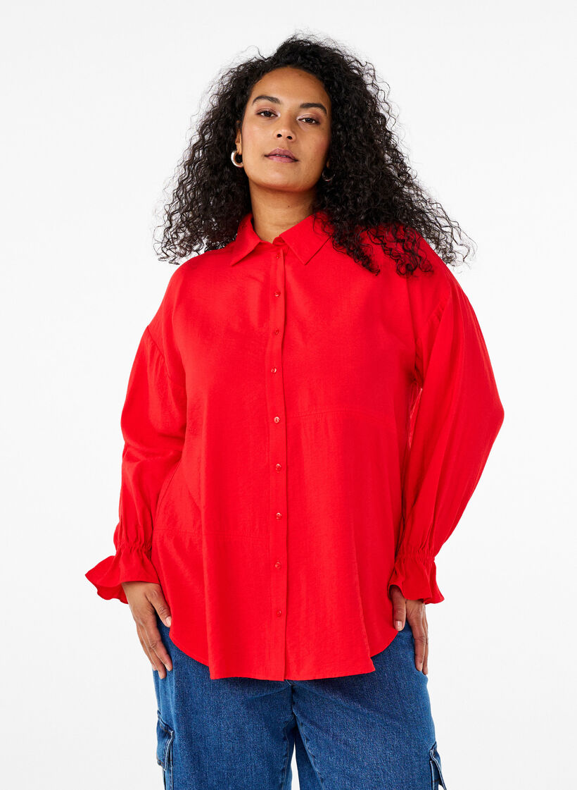 Bluse mit langen Ärmeln und Rüschendetails, Rot, Model image number 0