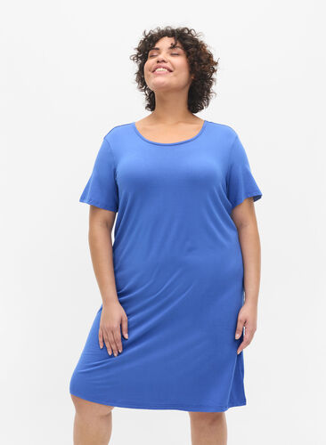 Kurzarm Kleid aus Viskose mit Rückendetail , Dazzling Blue, Model image number 0