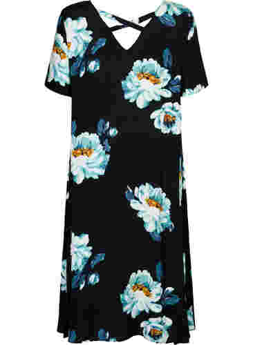 Blumiges Kleid mit kurzen Ärmeln aus Viskose, Black Big Flower, Packshot image number 1