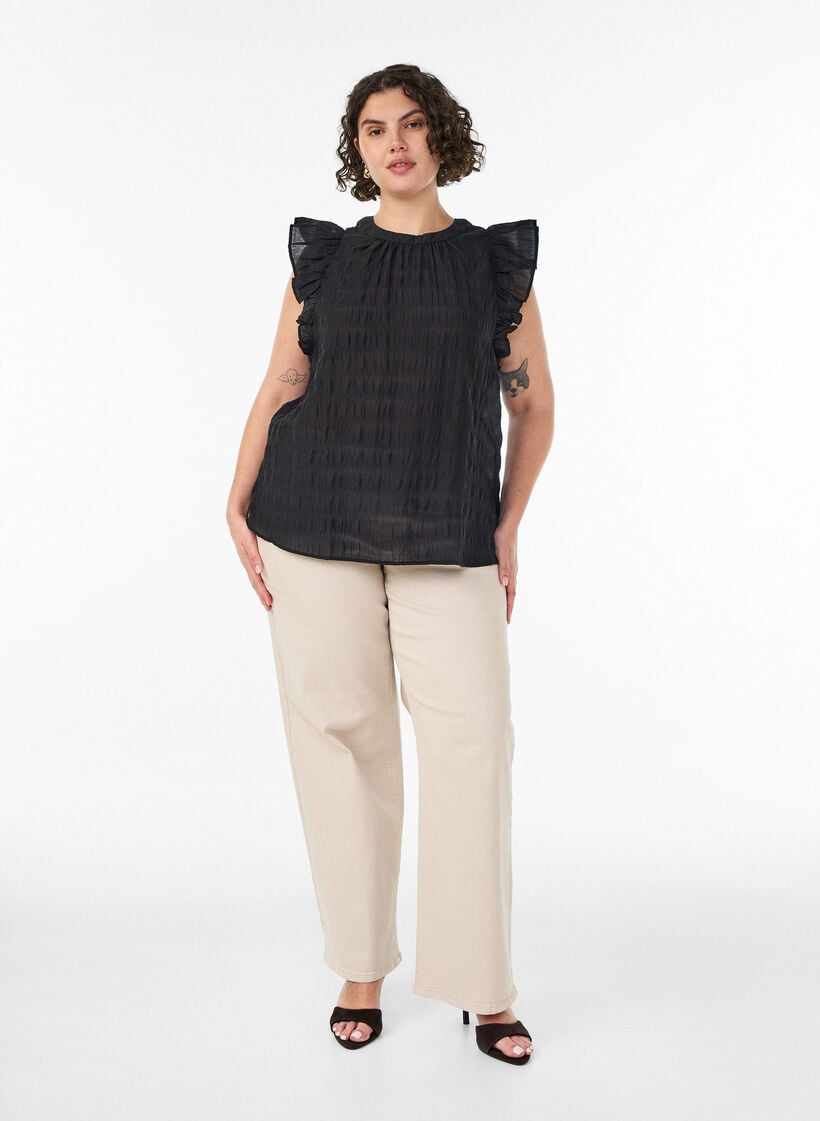 &Auml;rmellose Bluse mit Struktur und R&uuml;schen, Schwarz, Model image number 1