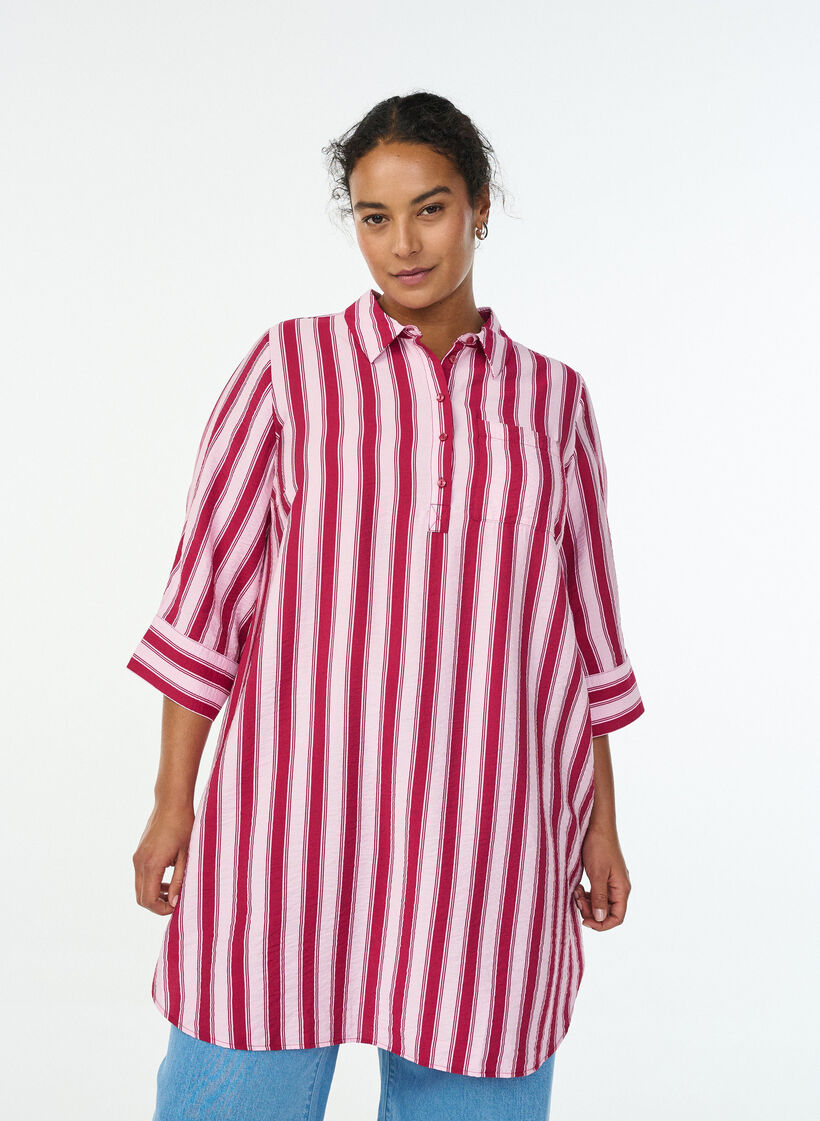 Kleid mit Kragen und Brusttasche, Pink, Model image number 0