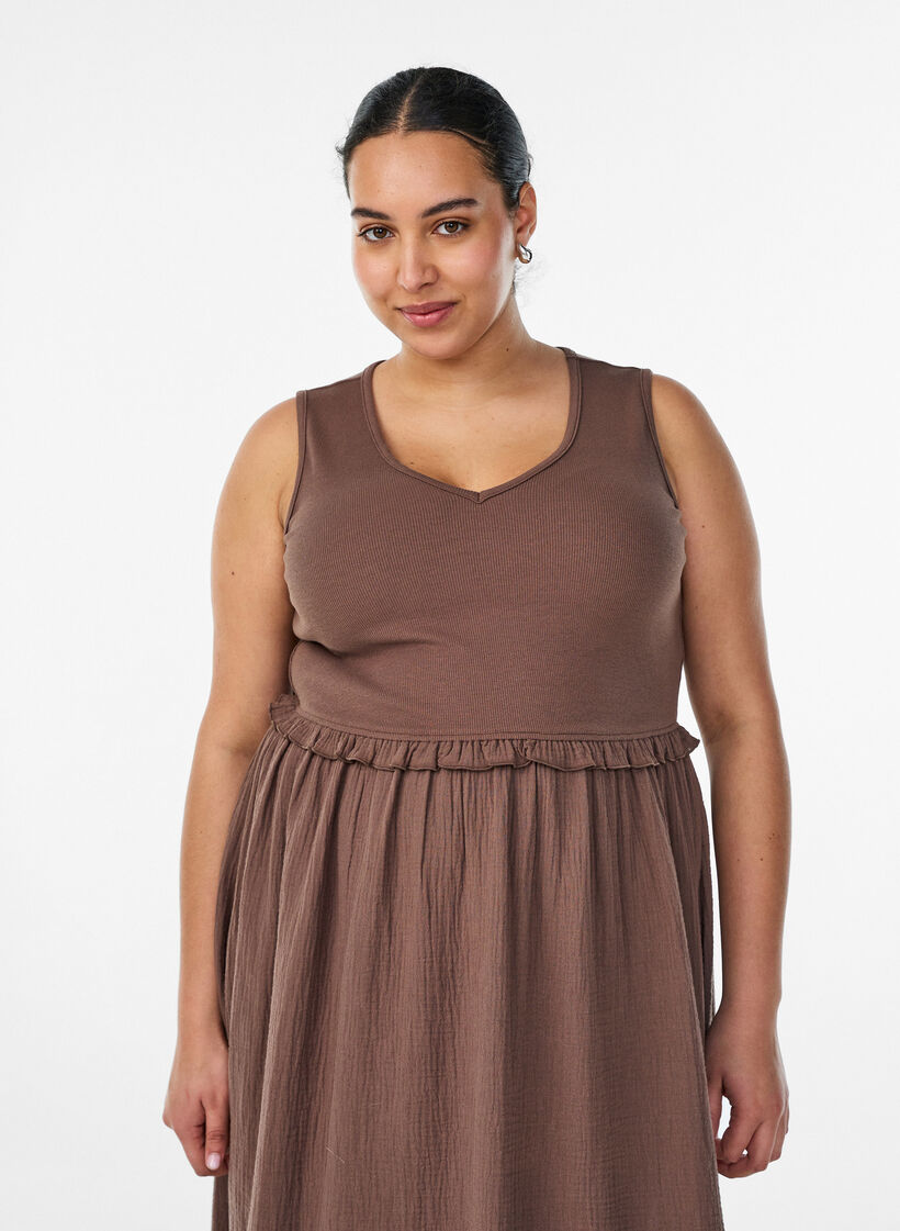 &Auml;rmelloses Midikleid aus Baumwolle mit Ripp und Musselin, Braun, Model image number 0
