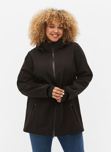 Kurze Softshell-Jacke mit abnehmbarer Kapuze, Black, Model image number 0