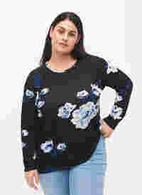 Geblümte Bluse mit langen Ärmeln, Black Flower, Model