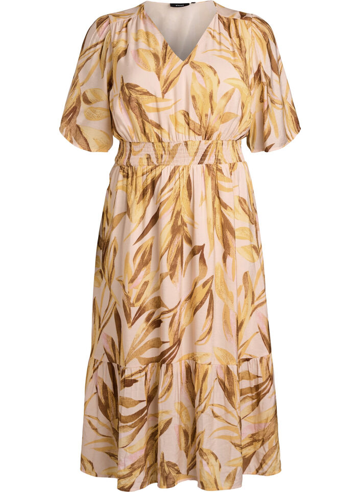Midikleid aus Viskose mit Blattmuster und gesmokter Taille, Gelb, Packshot image number 0