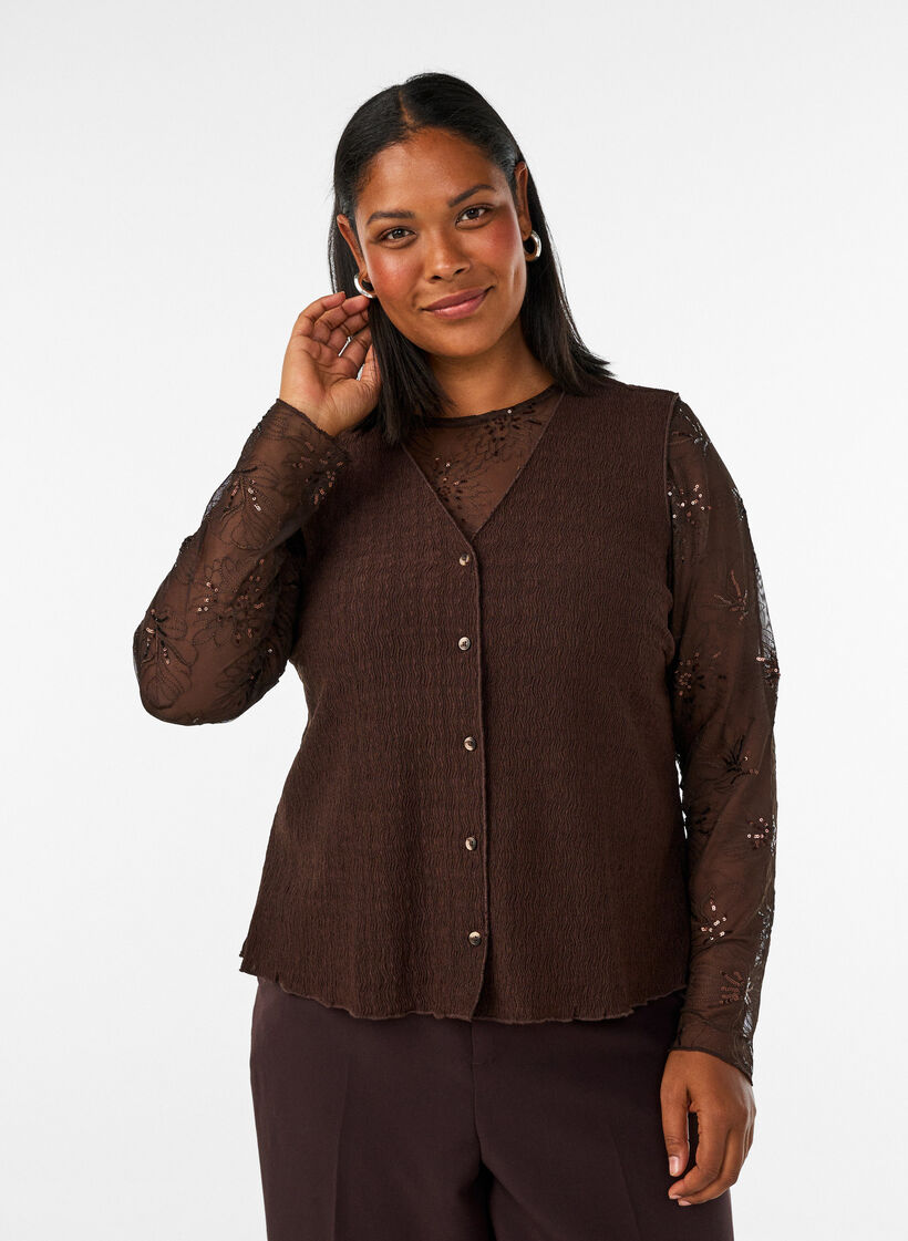 Bluse aus Mesh mit Blumen und Pailletten, Braun, Model image number 0